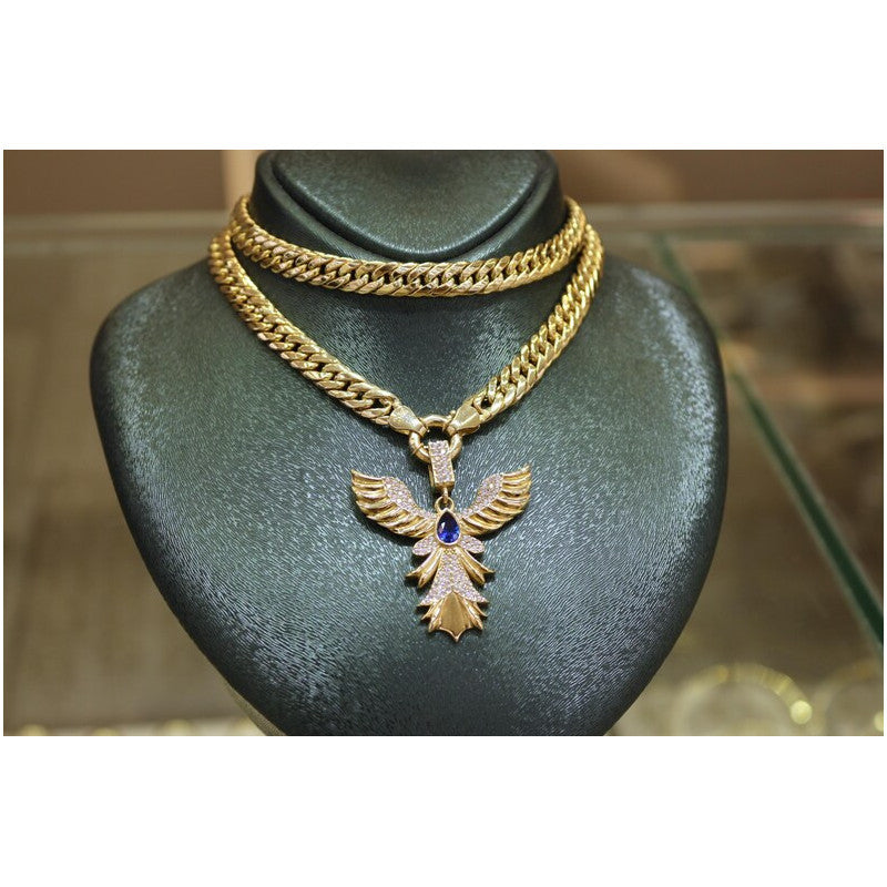14K Gold Phoenix Necklace, 14K Phoenix Pendant, 6.5mm Chunky Chain Necklace, 14K Gold Curb Cuban Chain, Unique Gift For Her