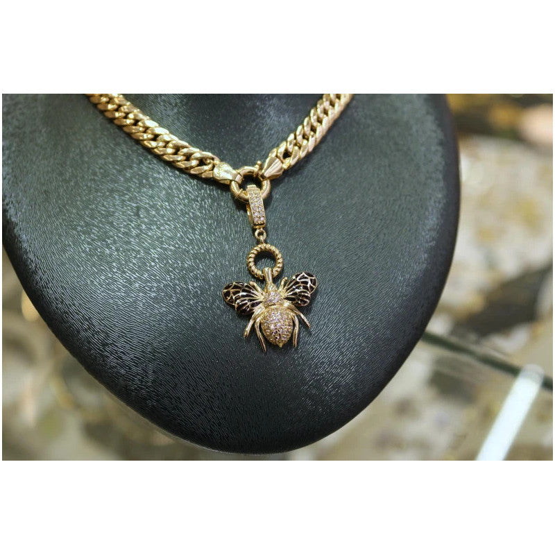 14K Gold Queen Bee Necklace, 14K Honey Bee Pendant, 6.5mm Chunky Chain Necklace, 14K Gold Curb Cuban Chain, Unique Gift For Her