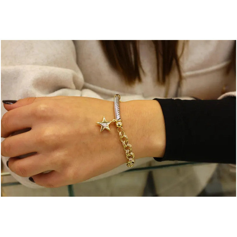 14 Karat Gold Rolo Kettenarmband, 6,70 mm Kette, Gold Rolo Kette mit Stern, Rolo Charm Link, Damen Gold Stapelarmband