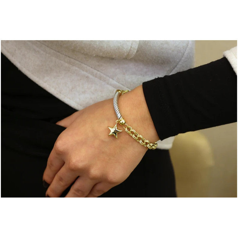 14 Karat Gold Rolo Kettenarmband, 6,70 mm Kette, Gold Rolo Kette mit Stern, Rolo Charm Link, Damen Gold Stapelarmband