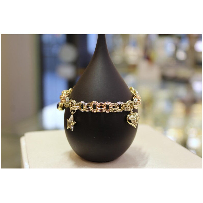14 Karat Gold Rolo-Kettenarmband | 7,20 mm Charm-Gliederarmband | Stapelarmband aus massivem Gold für Damen