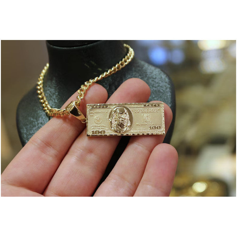 14K Massiver Gold 100 Dollar Anhänger, 14K 100 Dollar Geldschein Halskette, Herren Gold Anhänger, Schmuck Geschenk, Geld Charm Anhänger