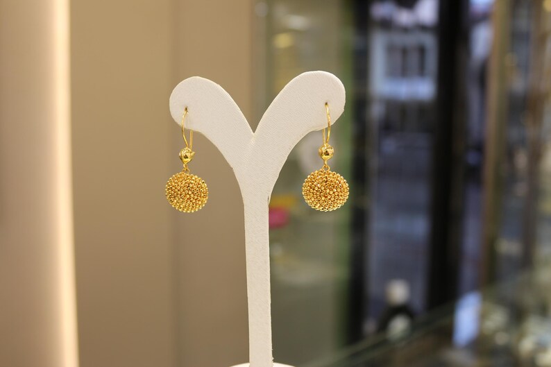22K Solid Gold Earrings , Dorica Ball Earrings , Ball Earrings , Dangle Earrings , Mother's Gift ,Long Earrings, Gift for Her, Boho Earrings