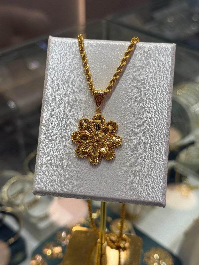 22K Gold Flower Pendant Necklace, Gold Dorica Pendant, Solid Gold Necklace, 22k Gold Jewelry, Wedding Or Anniversary Gift, 3 MM Rope Chain