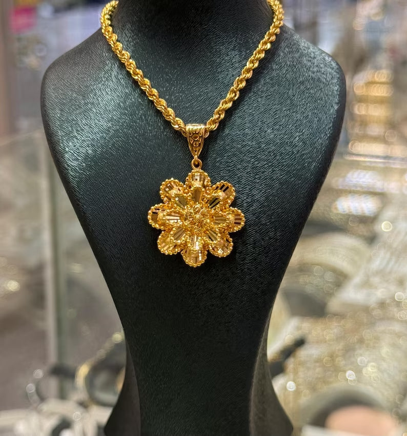 22K Gold Flower Pendant Necklace, Gold Dorica Pendant, Solid Gold Necklace, 22k Gold Jewelry, Wedding Or Anniversary Gift, 3 MM Rope Chain