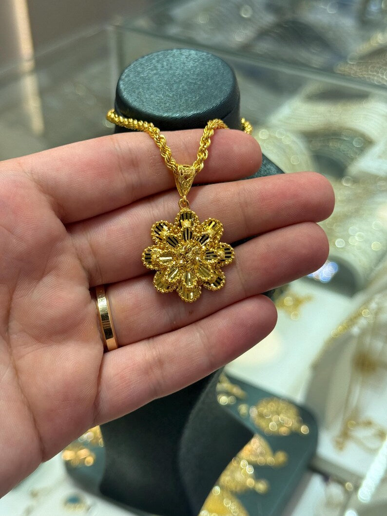 22K Gold Flower Pendant Necklace, Gold Dorica Pendant, Solid Gold Necklace, 22k Gold Jewelry, Wedding Or Anniversary Gift, 3 MM Rope Chain