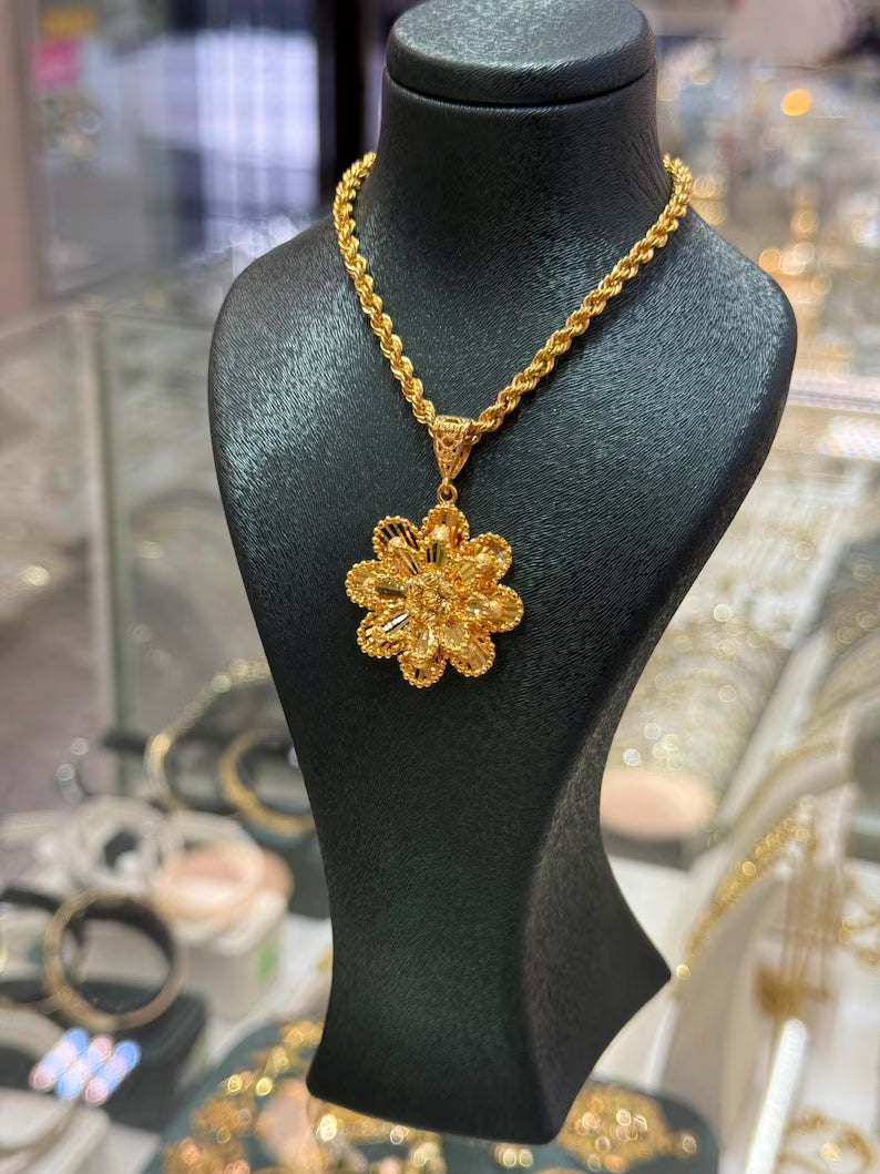 22K Gold Flower Pendant Necklace, Gold Dorica Pendant, Solid Gold Necklace, 22k Gold Jewelry, Wedding Or Anniversary Gift, 3 MM Rope Chain