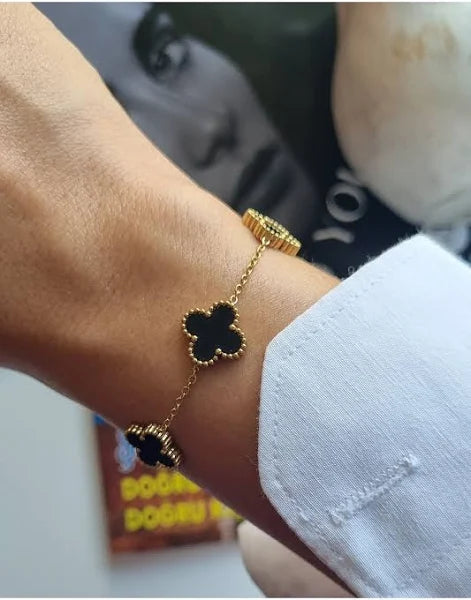 14K Solid Gold Van Cleef Floral-Inspired Bracelet – Black, Blue, Yellow & White Enamel Colors