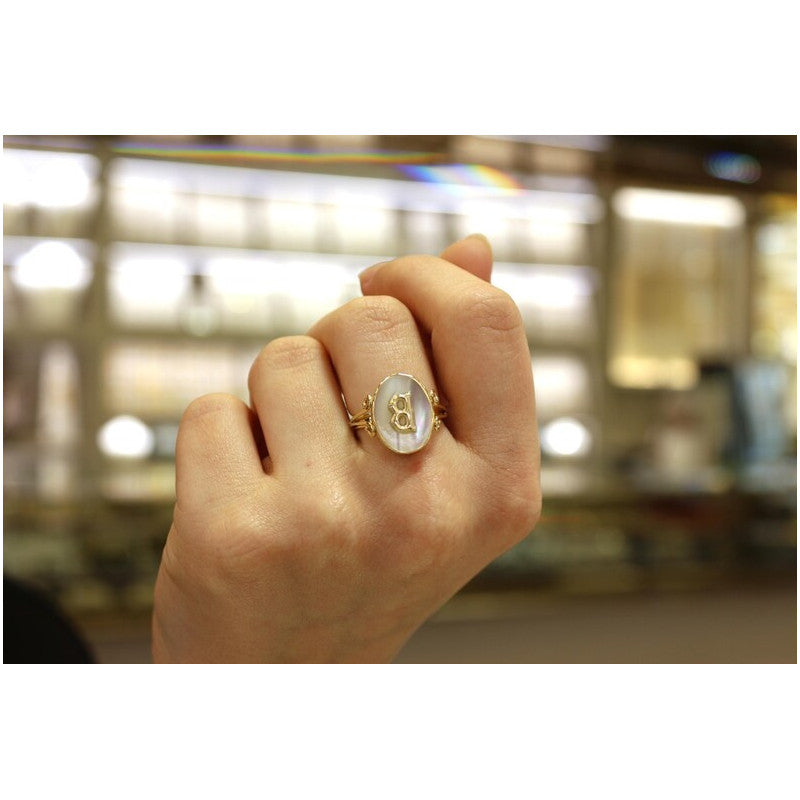 14K Gold Custom Initial Ring, Mother of Pearl Ring, 14K Personalized Letter Ring, Initial Ring for Women, Initial Signet Ring