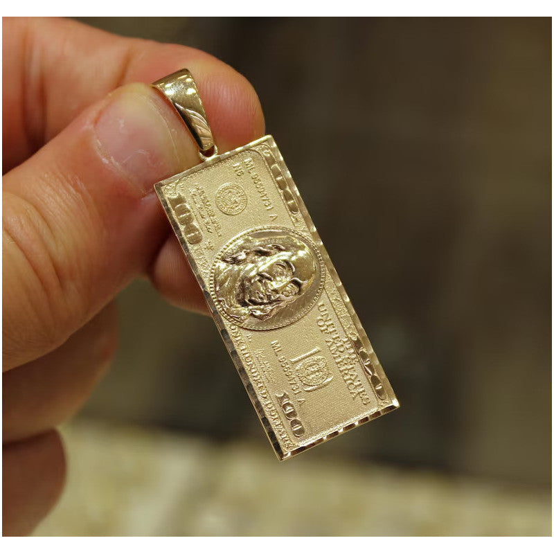 14K Solid Gold 100 Dollar Pendant, 14K 100 Dollar Bill Necklace, Men’s Gold Pendant, Jewelry Gift, Money Charm Pendant