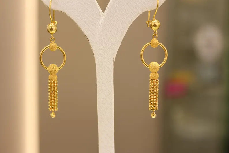 22K Solid Gold Earrings , Dorica Ball Earrings , Ball Earrings , Dangle Earrings , Mother's Gift ,Long Earrings, Gift for Her, Boho Earrings