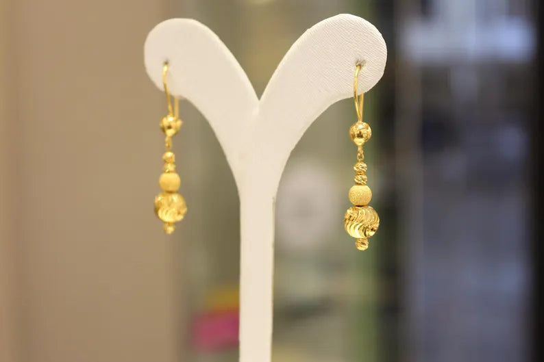 22K Solid Gold Earrings , Dorica Ball Earrings , Ball Earrings , Dangle Earrings , Mother's Gift ,Long Earrings, Gift for Her, Boho Earrings
