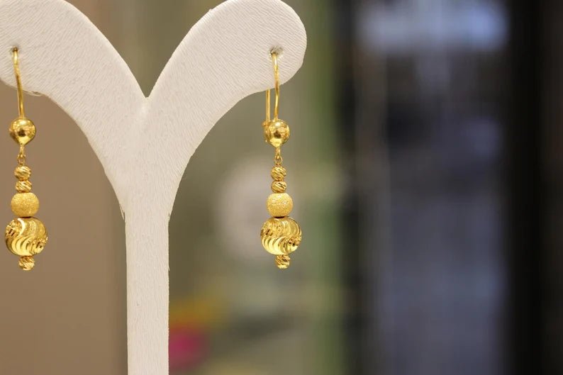 22K Solid Gold Earrings , Dorica Ball Earrings , Ball Earrings , Dangle Earrings , Mother's Gift ,Long Earrings, Gift for Her, Boho Earrings