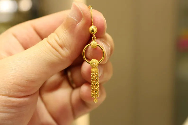 22K Solid Gold Earrings , Dorica Ball Earrings , Ball Earrings , Dangle Earrings , Mother's Gift ,Long Earrings, Gift for Her, Boho Earrings