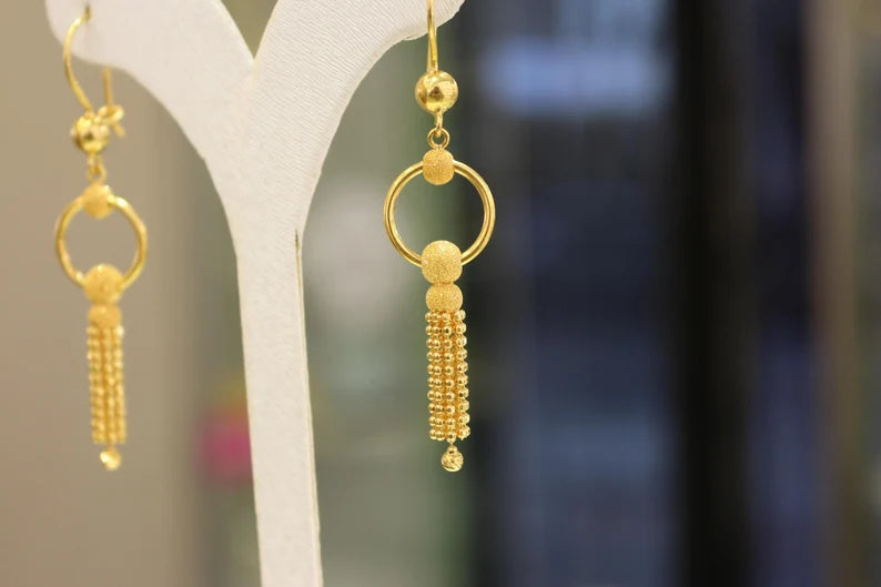 22K Solid Gold Earrings , Dorica Ball Earrings , Ball Earrings , Dangle Earrings , Mother's Gift ,Long Earrings, Gift for Her, Boho Earrings