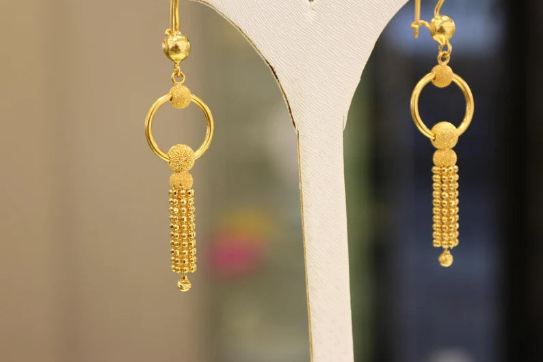 22K Solid Gold Earrings , Dorica Ball Earrings , Ball Earrings , Dangle Earrings , Mother's Gift ,Long Earrings, Gift for Her, Boho Earrings