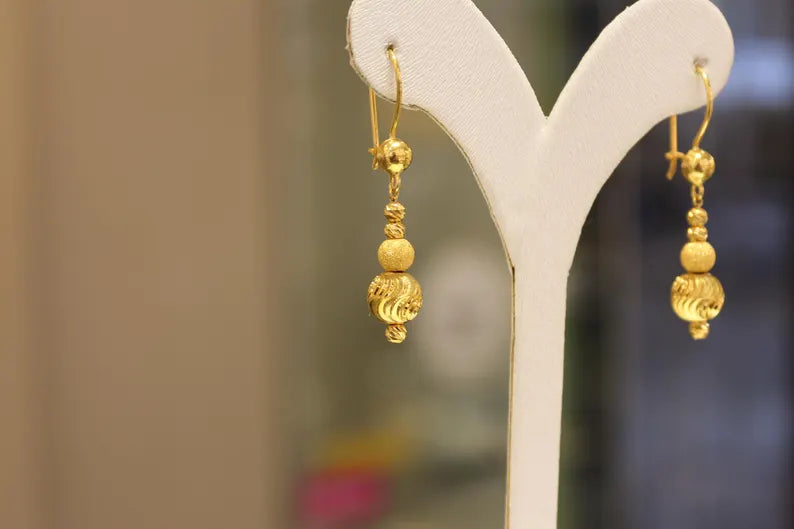 22K Solid Gold Earrings , Dorica Ball Earrings , Ball Earrings , Dangle Earrings , Mother's Gift ,Long Earrings, Gift for Her, Boho Earrings
