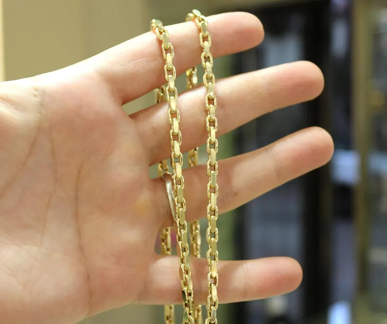 قلادة سلسلة صندوقية إيطالية من الذهب عيار 14 قيراطًا، سلسلة ربط صندوقية مقاس 4 مم، هدية لها، سلسلة ذهبية، سلسلة ذهبية للنساء، قلادة سلسلة ربط للرجال والنساء