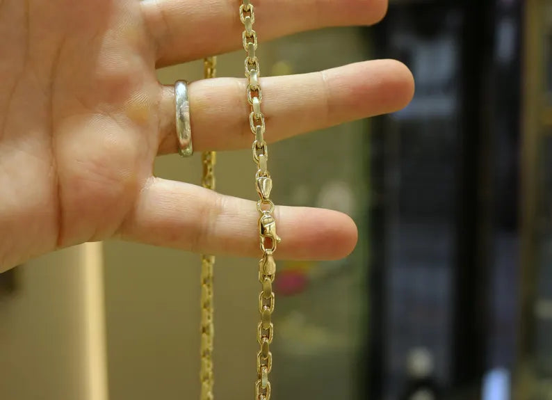 قلادة سلسلة صندوقية إيطالية من الذهب عيار 14 قيراطًا، سلسلة ربط صندوقية مقاس 4 مم، هدية لها، سلسلة ذهبية، سلسلة ذهبية للنساء، قلادة سلسلة ربط للرجال والنساء