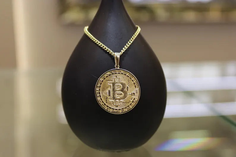 14K Solid Gold Bitcoin Necklace, Btc Coin, Bitcoin Pendant, Bitcoin Charm, Cyrpto Coin Gold, Jewelry Gift, BTC Bling, Luxury Gift For Him