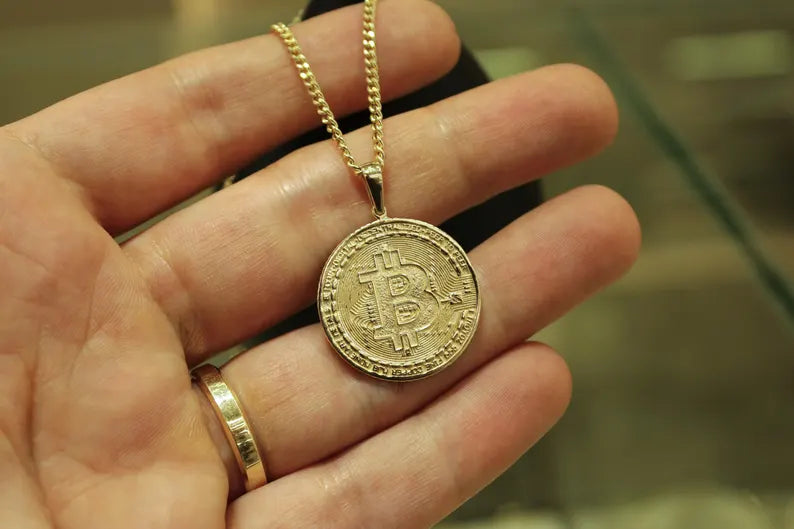 14K Solid Gold Bitcoin Necklace, Btc Coin, Bitcoin Pendant, Bitcoin Charm, Cyrpto Coin Gold, Jewelry Gift, BTC Bling, Luxury Gift For Him