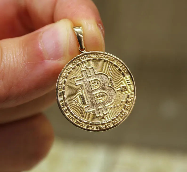 14K Solid Gold Bitcoin Necklace, Btc Coin, Bitcoin Pendant, Bitcoin Charm, Cyrpto Coin Gold, Jewelry Gift, BTC Bling, Luxury Gift For Him