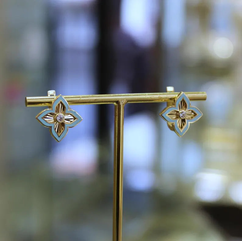 14K Solid Gold Four Leaf Clover Earrings, Enamel Flower Earrings, Clover Earrings, Gold Earrings Jewelry, Gift for Her, 14K Gold Earrings
