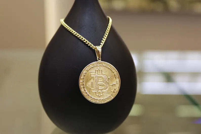 14K Solid Gold Bitcoin Necklace, Btc Coin, Bitcoin Pendant, Bitcoin Charm, Cyrpto Coin Gold, Jewelry Gift, BTC Bling, Luxury Gift For Him