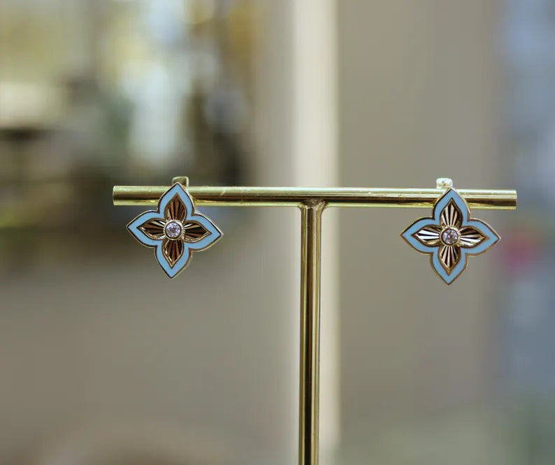 14K Solid Gold Four Leaf Clover Earrings, Enamel Flower Earrings, Clover Earrings, Gold Earrings Jewelry, Gift for Her, 14K Gold Earrings