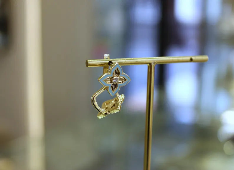 14K Solid Gold Four Leaf Clover Earrings, Enamel Flower Earrings, Clover Earrings, Gold Earrings Jewelry, Gift for Her, 14K Gold Earrings