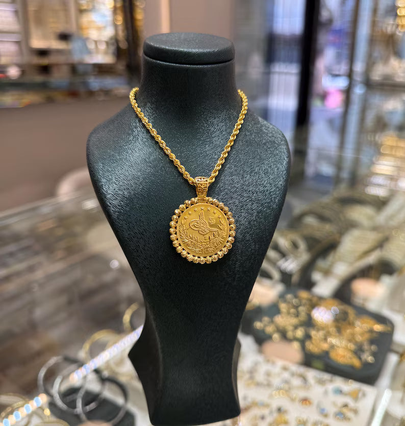 22K Full Gold Turkish Rashad Pendant Necklace, 2.50mm Rope Chain, Dorica Frame, Gold Jewelry, Wedding Gift, Wedding Jewelry, 22K Resat Gold
