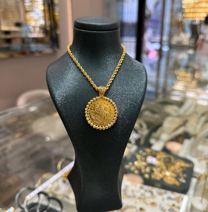 22K Full Gold Turkish Rashad Pendant Necklace, 2.50mm Rope Chain, Dorica Frame, Gold Jewelry, Wedding Gift, Wedding Jewelry, 22K Resat Gold