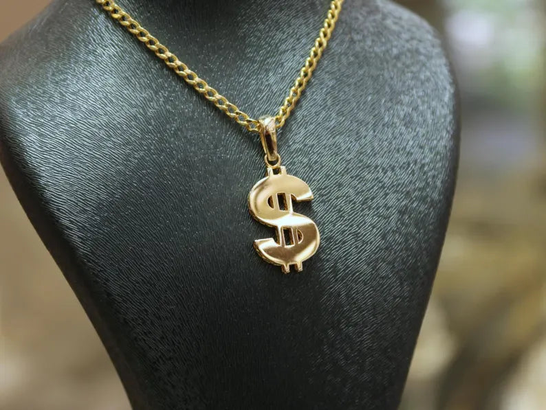 14K Gold Dollar Symbol Pendant, Currency Necklace, Dollar Sign Jewelry, Statement Piece, Gold Pendant, Money Symbol Jewelry, Gift for Him