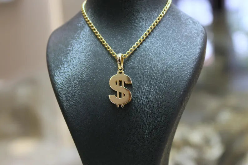 14K Gold Dollar Symbol Pendant, Currency Necklace, Dollar Sign Jewelry, Statement Piece, Gold Pendant, Money Symbol Jewelry, Gift for Him