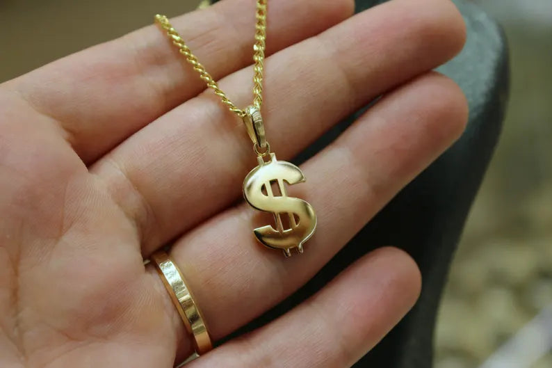 14K Gold Dollar Symbol Anhänger, Währung Halskette, Dollar Zeichen Schmuck, Statement Stück, Gold Anhänger, Geld Symbol Schmuck, Geschenk für Ihn