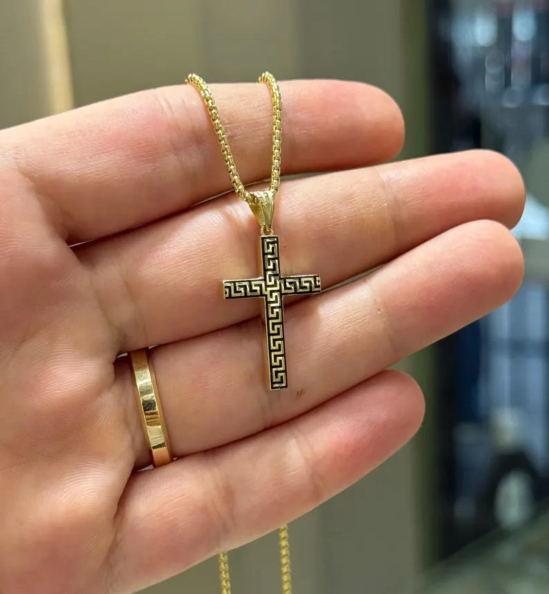 14K Gold Cross Gold Necklace, Greek Key Design Cross Necklace, Cross Pendant Necklace, Christian Necklace, Cross Jewelry