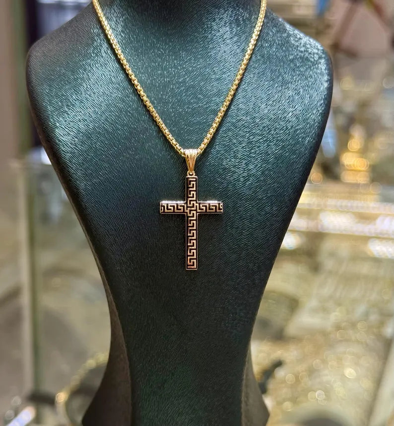 14K Gold Cross Gold Necklace, Greek Key Design Cross Necklace, Cross Pendant Necklace, Christian Necklace, Cross Jewelry