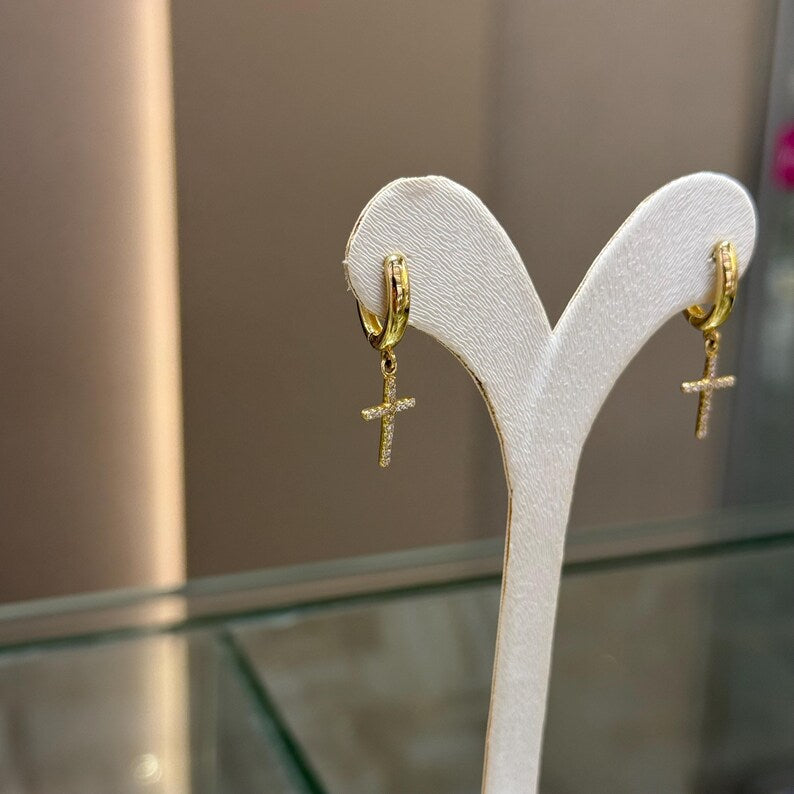 14K Gold Cross Earrings, Cross Gold Earrings, 14K Christian Earrings, 14k Gold Jesus Earrings, 14K Gold Religion Earrings, Gift For Her