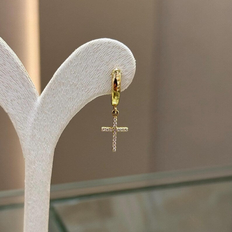 14K Gold Cross Earrings, Cross Gold Earrings, 14K Christian Earrings, 14k Gold Jesus Earrings, 14K Gold Religion Earrings, Gift For Her