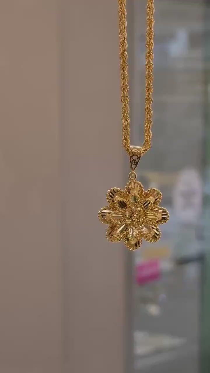 22K Gold Flower Pendant Necklace, Gold Dorica Pendant, Solid Gold Necklace, 22k Gold Jewelry, Wedding Or Anniversary Gift, 3 MM Rope Chain