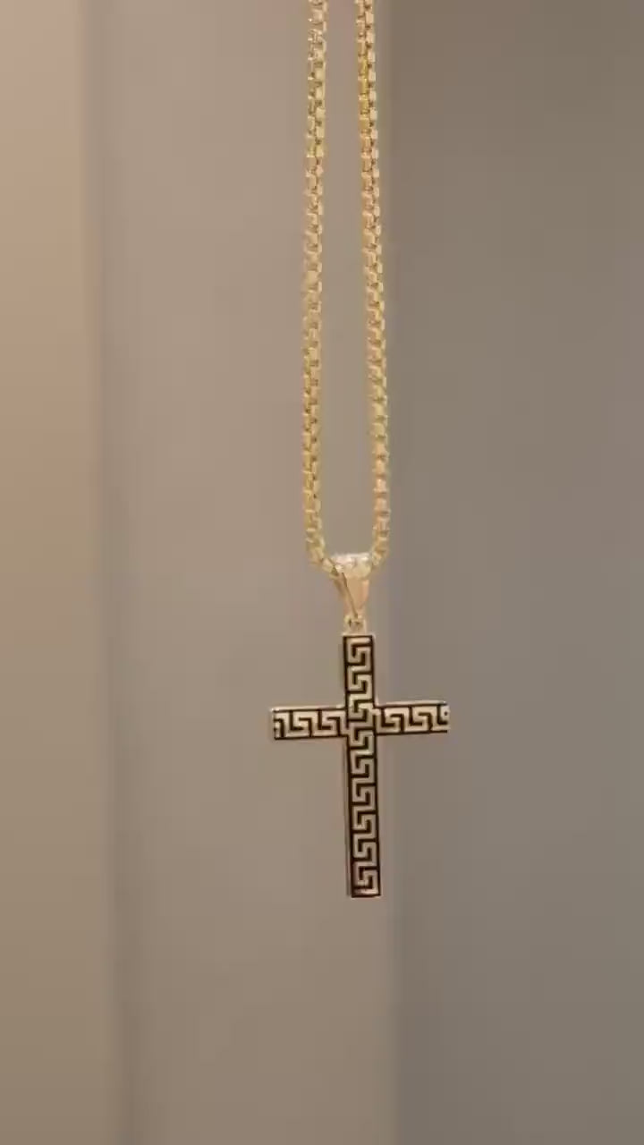 14K Gold Cross Gold Necklace, Greek Key Design Cross Necklace, Cross Pendant Necklace, Christian Necklace, Cross Jewelry