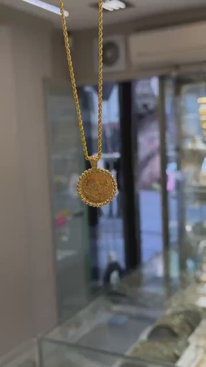 22K Full Gold Turkish Rashad Pendant Necklace, 2.50mm Rope Chain, Dorica Frame, Gold Jewelry, Wedding Gift, Wedding Jewelry, 22K Resat Gold